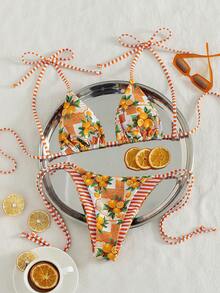 Swim Vcay Bộ bikini nữ mùa hè đi biển, dự lễ hội âm nhạc, kiểu nơ, sọc, in hình chanh, thắt nút, dễ thương, thích hợp cho kỳ nghỉ. - Nhiều màu - Xem 3