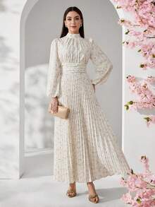 Modelyn 女款百褶立領滿版印花優雅浪漫收腰長洋裝 米色 秋季 派對下午茶約會禮服 - 彩色 - 查看 4