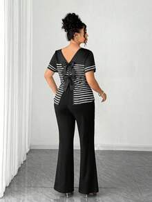 Elenzga Blusa holgada de punto a rayas con lazo y cuello redondo, de manga corta recta, para mujer de talla grande. Conjunto de 2 piezas cómodo y versátil, elegante para el hogar, el trabajo, vacaciones y fiestas casuales, que se combina con pantalones. - Multicolor - Ver 4