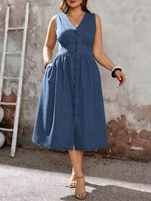 Mature Denim 大码纯色休闲无袖牛仔连衣裙 - 藍色 - 查看 3