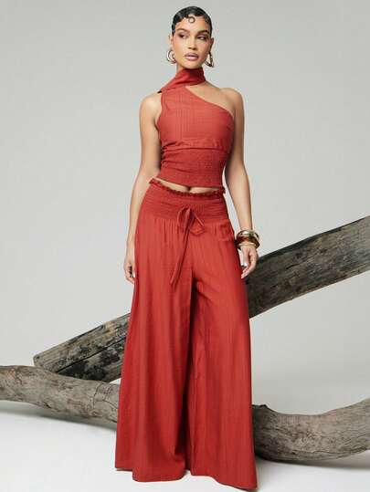 Hauture Pantalones anchos con cintura fruncida sexy para vacaciones de mujer