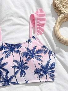 SHEIN 少女三件套比基尼，可爱粉色底色搭配扎染黑色棕榈树印花，针织面料，纯色挂脖上衣和荷叶边裙摆，时尚休闲优雅泳装，适合游泳、夏季度假、海滩、泳池派对等场合。少女夏季套装，两件套，适合夏季女孩，夏季度假服装，春夏精选黄色短裤荷叶边沙滩装，夏季女孩服装，青少年泳装，全包覆式上衣，夏季女孩海滩度假服装，女孩棕榈印花泳装 - 粉色 - 查看 4