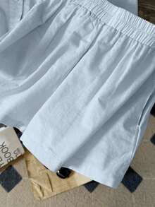 Resyla 新款简约时尚亚麻休闲宽松长袖短裤两件套女装 - 藍色 - 查看 4