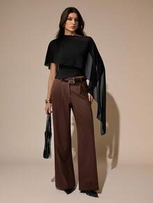 SHEIN Tall Áo len nữ dệt kim cổ nhún bèo bất đối xứng vai, kiểu dáng thanh lịch, thích hợp cho mùa thu/đông, màu đen. - màu đen - Xem 4