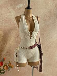 Soleia 女士白色纹理针织优雅露背圆环连体裤，性感迷人，适合万圣节、圣诞节、度假等场合。 - 杏色 - 查看 7