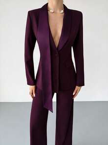 RiviMae Conjunto de traje elegante con chaqueta de solapa y pantalones de un solo abotonado de unicolor para mujer - Burdeos - Ver 4