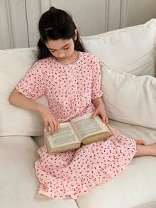 DAZY Áo ngủ dài tay cổ tròn in hình trái tim dễ thương cho bé gái tuổi teen. - Hồng - Xem 6