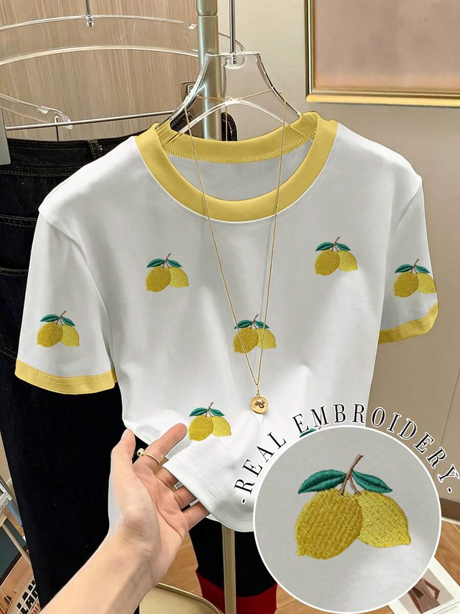 Summer Vibe Lemon Embroidery, Fashionable Casual Colorblock Crew Neck Fitted Cropped T-Shirt, Suitable For Daily Wear - White - View 1