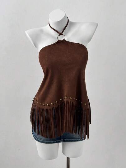 Sunspun 大码女式纯色铆钉装饰流苏系领性感百搭休闲上衣