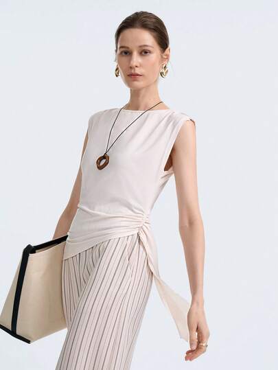 Aalyst Women's Fashion Knitted Batwing Sleeve Ruched Tie-Waist Irregular Hem Elegant Romantic Casual Daily Wear T-Shirt, Suitable For Spring/Summer