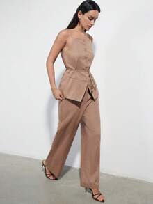 Aveloria Modichic Women's Suit Set,Khaki Summer Elegant Office Vintage Coin Beaded Belt Waist Cinching Linen-Like Fabric Vest Top & Straight Leg Suit Pants - Khaki - View 1