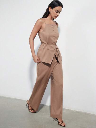 Aveloria Modichic Vintage Coin Beaded Belt, Waist Cinching Decor Linen-Like Fabric Elegant Design Vest Top, Versatile For Commuting Straight Leg Slimming Suit Pants, Women's Suit Set