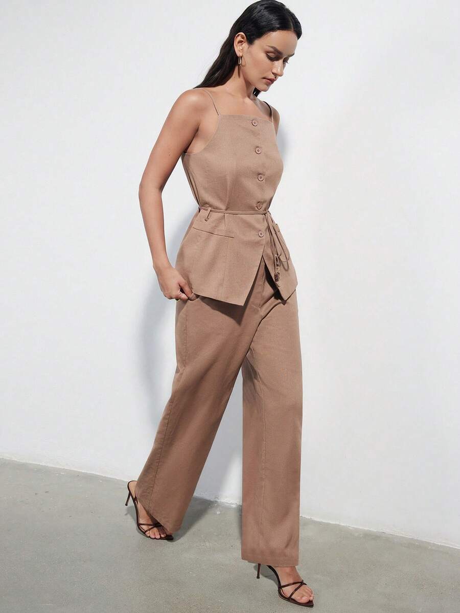 Aveloria Modichic Women's Suit Set,Khaki Summer Elegant Office Vintage Coin Beaded Belt Waist Cinching Linen-Like Fabric Vest Top & Straight Leg Suit Pants - Khaki - View 1
