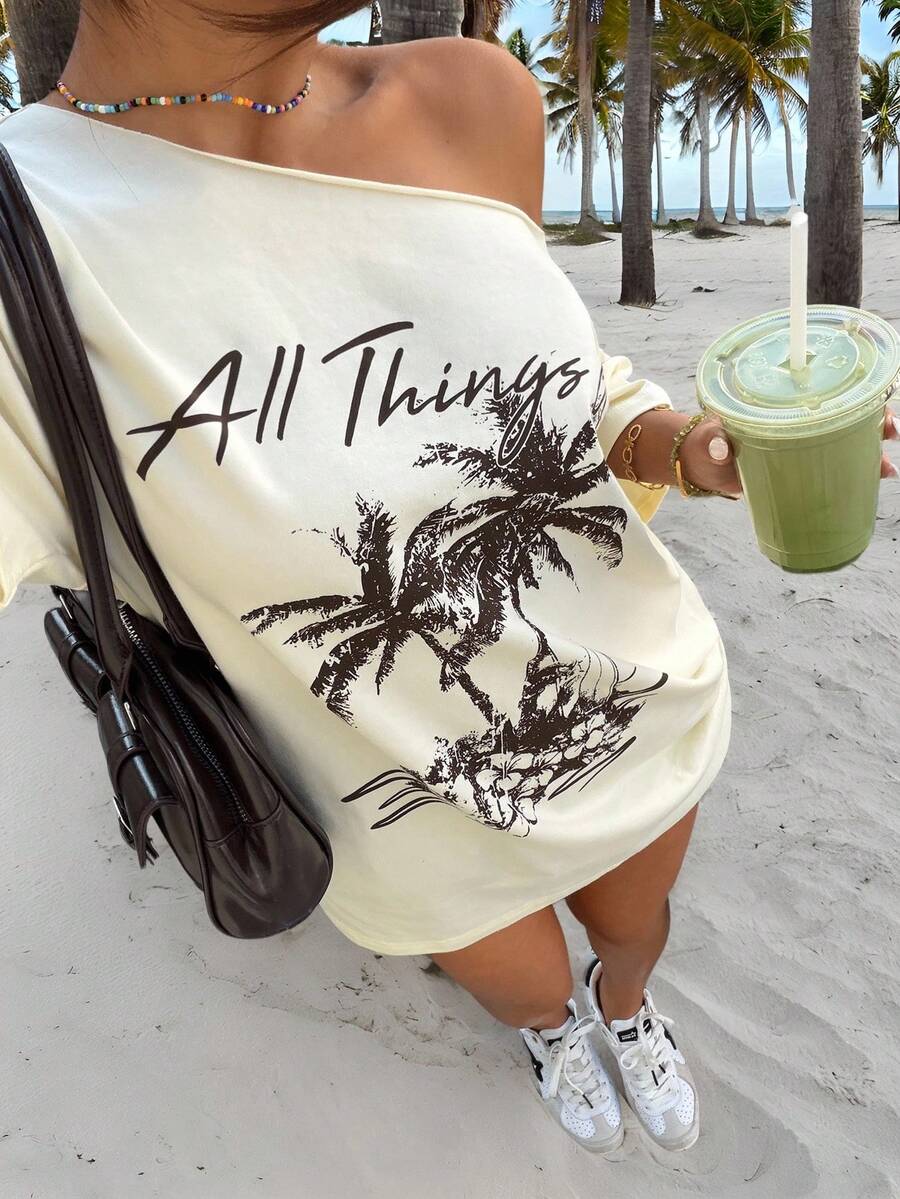 Muchica 新款热带印花休闲宽松单肩女式T恤 - 淡黃色 - 查看 1