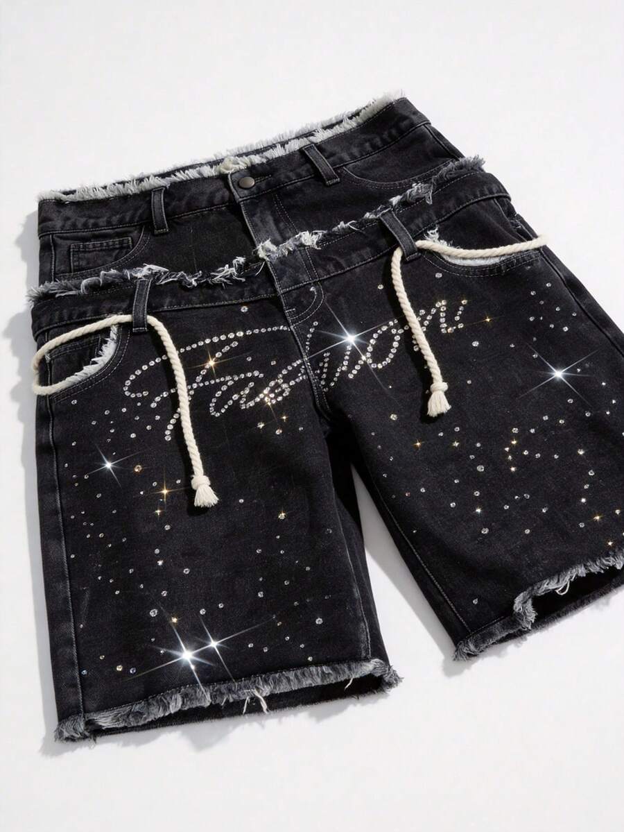 ROMWE MEN 男士带口袋做旧腰带水钻装饰牛仔短裤 - 灰色 - 查看 1