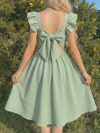 SHEIN Tween Girl Elegant Bowknot Decor Ruffle Trim Flutter Sleeve Dress Bow Back Dress Ruffle Sleeve Dress Linen Summer Dress Bow Dress Bay Doll Dress Spring And Summer Elegant Dress Sage Dresses Summer Dress
