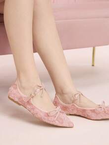 CUCCOO DOLLMOD 女士粉色网纱花朵刺绣时尚双蝴蝶结可爱优雅玛丽珍平底鞋 - 粉色 - 查看 4