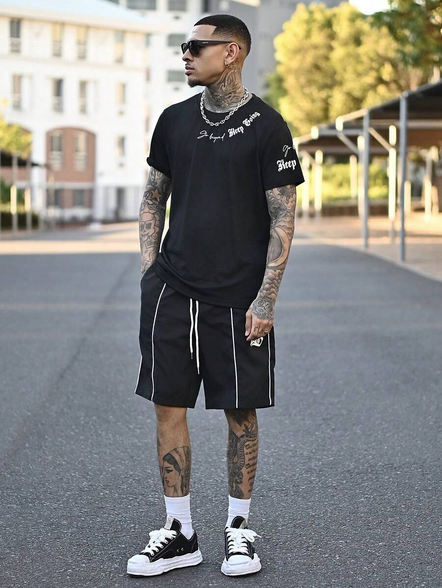 Devon Thys Men Letter Print Crew Neck Casual Short Sleeve T-Shirt, Boyfriend Gift, For Work - Black - View 1