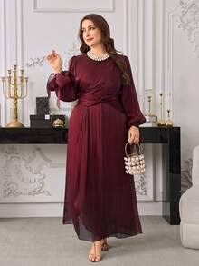 Modelyn Plus Size Women Elegant Spring/Autumn Long Organza Waist Cinched Long Formal Dress - Red - View 5