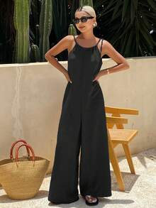 Dazy Tall Tall Women's Summer Halter Tie-Up Loose Jumpsuit - Black - View 3