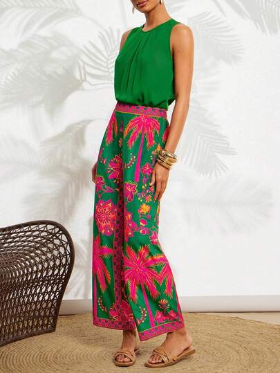 Amorya Women's New Elegant Solid Color Top & Floral Print Long Pants 2-Piece Set, Suitable For Vacation, Beach And Multiple Occasions Women's Day Elegant Gift For Mom Festival Outfit Beach Date Night Green Top   Beach Vacation Outfits For Women  Summer Outfit For Women Women Vacation Boho Sexy Women Clothes Tropical Two Piece Set Two Piece Set Women Vacation Tropical Vacation Woman Clothes Summer 2 Piece Sets Woman Summer Pant Set Women's Two Piece Sets Floral Print Pants Wide Leg Pants Tropical Print Pallazo Pants Women Set Floral Pants For Women Flower Pants Summer Pants Sets For Women Boho Pants Tropical Outfit Tropical Outfits For Women Women Vacation Outfit Sets Tropical Formal Dress