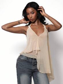 Amplova Asymmetrical Hem Deep V-Neck Women's Camisole For Party & Banquet - Gold - View 4