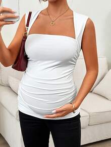 SHEIN 孕妇夏季休闲纯色无袖褶皱修身T恤 - 白色 - 查看 3