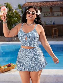 Swim Mod Bộ bikini 3 mảnh cỡ lớn dành cho nữ, kiểu dáng gợi cảm và thanh lịch với dây đeo mảnh, họa tiết hoa và bèo nhún, thích hợp cho kỳ nghỉ biển mùa xuân/hè. - Màu xanh lam - Xem 6