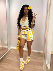 SHEIN BamGlam 2026新款女装，BOLDGLAMMAvERICK，网眼印花短裤，轻薄透气，舒适贴身，街头、嘻哈、运动风 - 黃色 - 查看 7