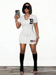 BamGleam Sexy Striped Baseball Dress, V-Neck Single-Breasted Bodycon Mini Skirt With Side Drawstring, Retro Sports Chic Clubwear Party Date Night Dress - Black and White - View 8