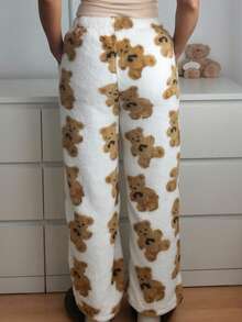 Yess Loren Women's Fuzzy Bear Print Drawstring Straight Leg Pants - Multicolor - View 2