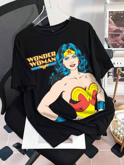 DC Women Core X SHEIN Camiseta casual holgada de mujer de cuello redondo y manga corta, adecuada para el verano