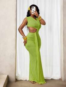 SHEIN BamGlam 女士度假针织镂空不对称领连衣裙 - 綠色 - 查看 4