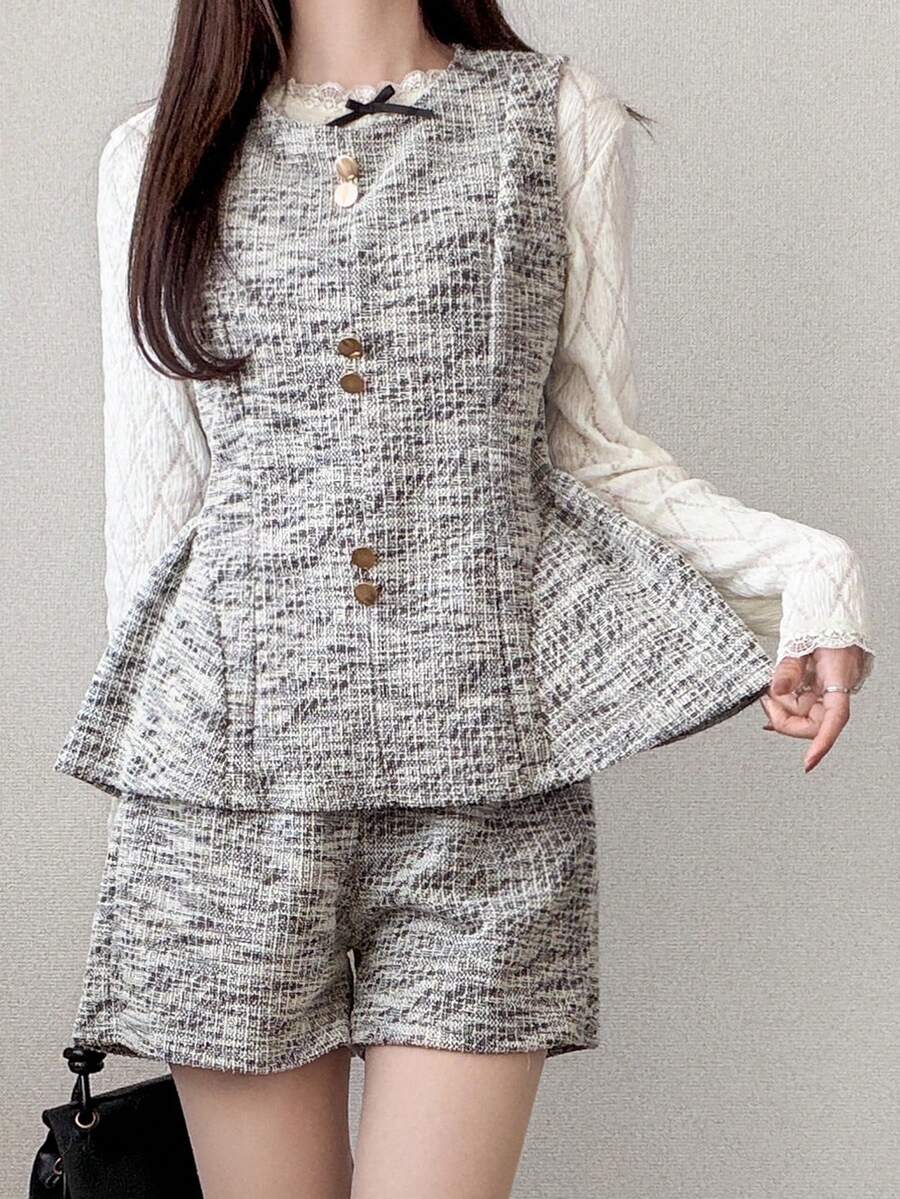 FRIFUL 女士格子纽扣设计背心和短裤休闲两件套 - 黑與白 - 查看 1