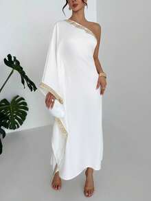 Breezaya Elegant One Shoulder Slope Collar Bat Sleeves Collar Sleeves Embroidered Webbing Trim Woven White Spring And Summer Ladies Elegant Dress Party Elegant Dress White Dress Graduation Ceremony Mom Outfit Ladies Commuting Wear Dress Elegant Party Dress Ladies Festival Dress Ladies Summer Dress White Dress Ladies Social Dress Ladies Party Dress White One Shoulder Dress White Vacation Dress White Maxi Dress White Elegant Dress White Beach Dress - White - View 7