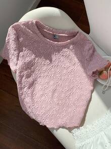 Comfortcana Beige Jacquard Knit Crew Neck Basic Short Sleeve T-Shirt, Summer - Mauve Purple - View 4