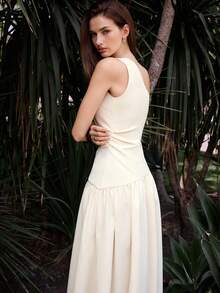 Maija White Asymmetric-Shoulder Drawstring Loose A-Line Dress For Women - White - View 7