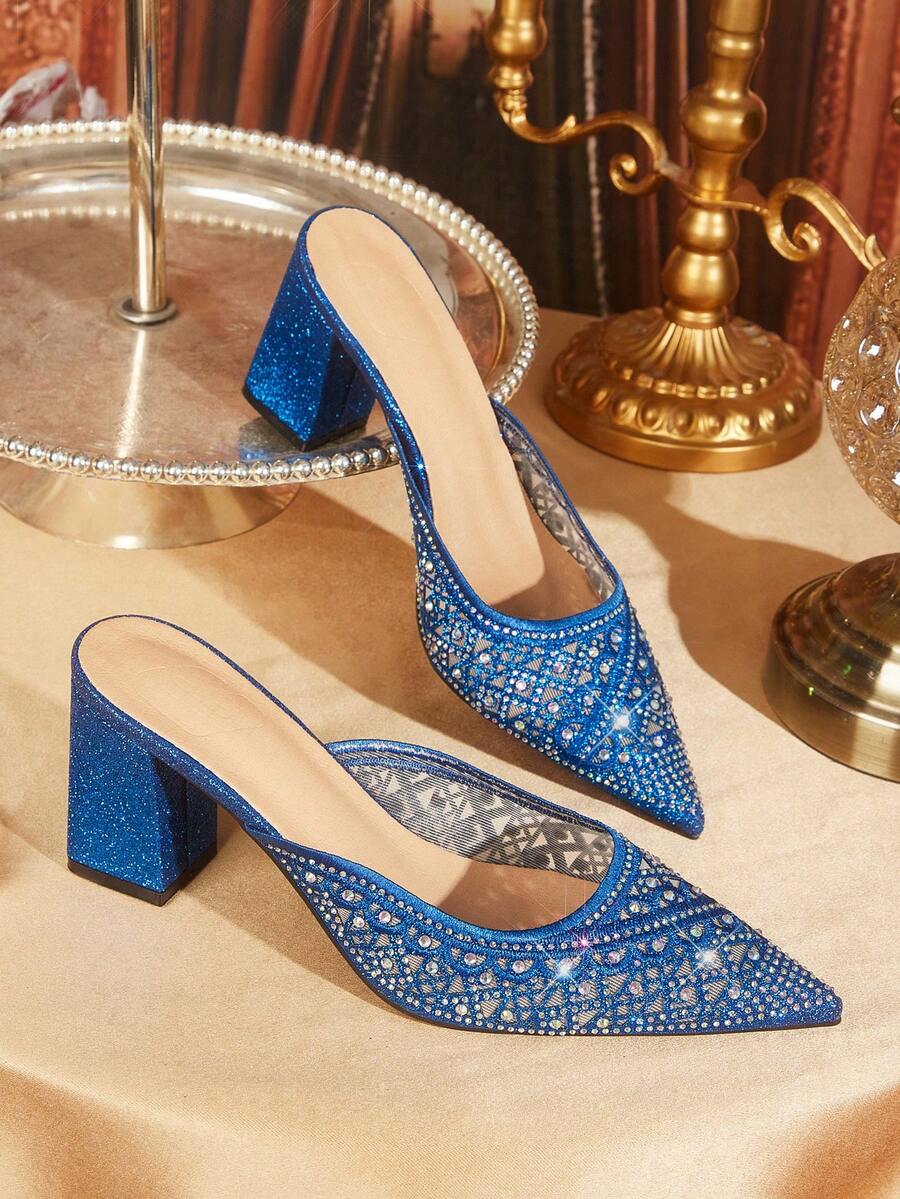 CUCCOO TILAWA Women's Fashionable Party Rhinestone Chunky Heel Pumps - Blue - View 1