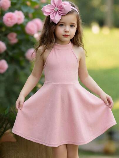 SHEIN Young Girl Casual And Elegant Solid Stand-Up Collar Sleeveless Waist A-Line Dress, Suitable For New Year, Valentine's Day, Birthday Party Dresses,Young Girl's Dress,Sisters Outfit