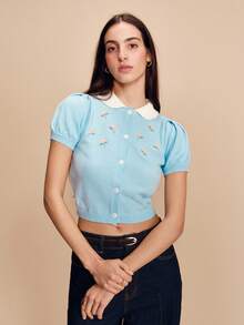 lacRébo Áo khoác cardigan ngắn tay ôm sát màu xanh dương thêu họa tiết, cổ áo viền ren trắng, kiểu dáng dễ thương mùa xuân hè, phong cách Pháp, Paris. - Màu xanh lam - Xem 3