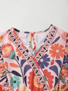 Tween Girls Colorful Floral Print V-Neck Dress - Pink - View 5
