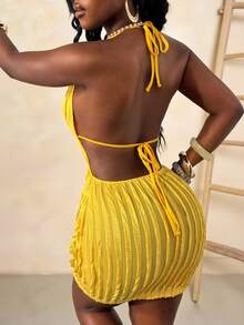 Glyssa Women's Summer New Beach Vacation Dress, Yellow Knit Halter Backless Sleeveless Bodycon Mini Skirt - Yellow - View 2