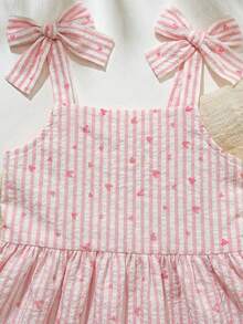 SHEIN 2件套女婴幼儿/新生儿0-3岁休闲日常可爱度假条纹蝴蝶结装饰吊带背心+短裤套装，春夏款 - 粉色 - 查看 7