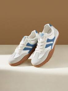 CUCCOO EASI Contrast Color Solid Preppy Casual Gym Sneakers For Women, Lace-Up Brown Patchwork Flat Casual Shoes, Retro Fashion Outdoor Sports Running Shoes - Blue - View 8