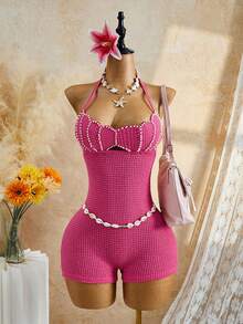 Bellisia Elegant Spaghetti Strap Ruched Jumpsuit In Fuchsia, Fitted - Pink - View 1