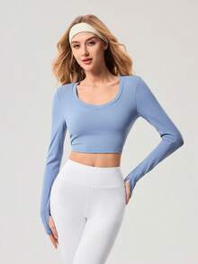 OutZeal Workout Tops Women Sports Tee Gym Yoga Pilates Cool Touch UV Protection Bra-In Back Mesh Cropped Tops - Blue - View 6