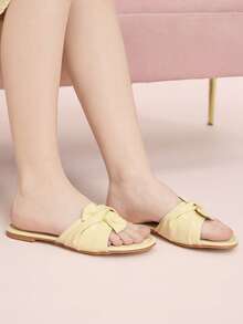 CUCCOO DOLLMOD Sandalias planas cómodas de color amarillo claro para damas, sandalias con suela con lazo de estilo dulce - Caqui claro - Ver 3