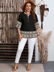EMERY ROSE Plus Size Casual Minimalist Shirt, Suitable For Summer - Black - View 6