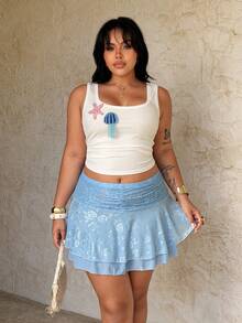 Rustia Plus Size Women Lace Ruffle Fashionable Versatile Date Night/Outing Mini Skirt - Blue - View 6