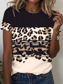 EMERY ROSE 大码女式休闲豹纹短袖T恤 - 彩色 - 查看 1